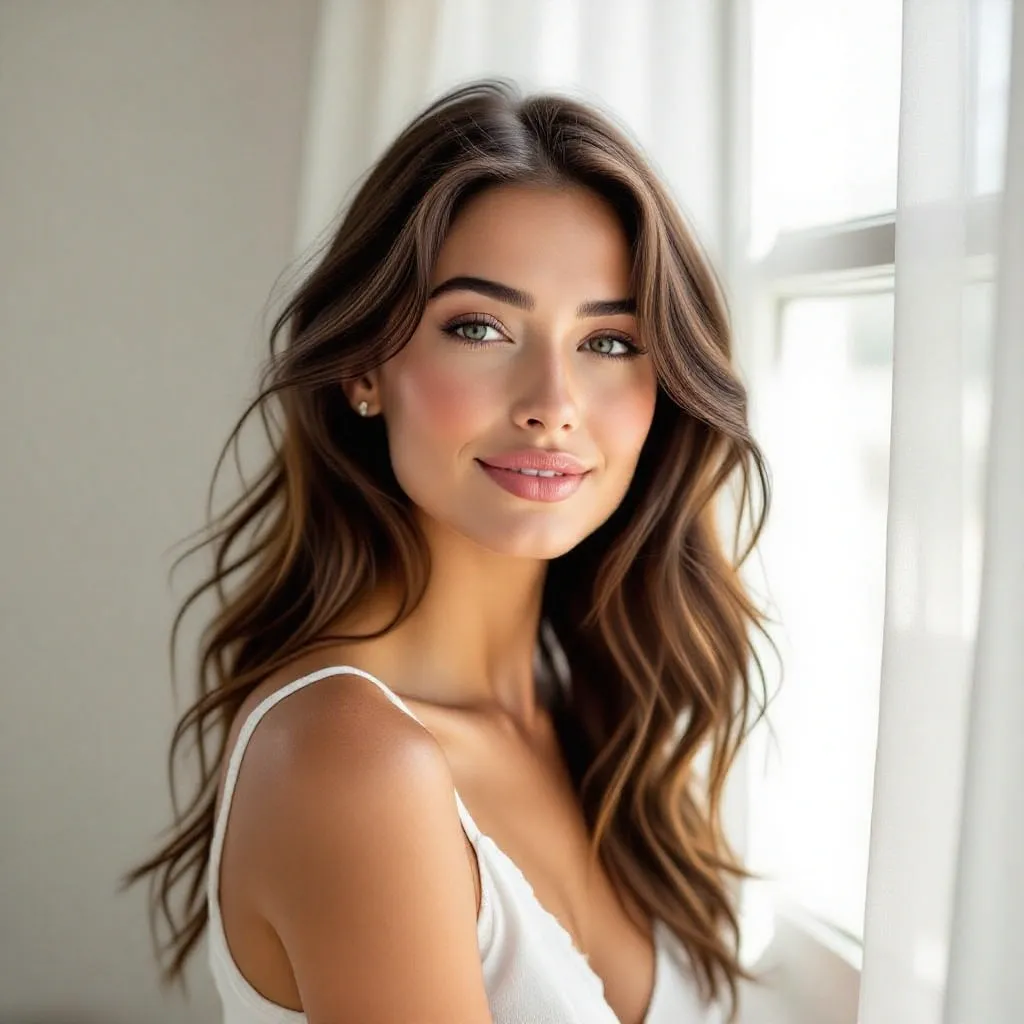 HiDream AI elegant woman with long wavy brown hair in white top, soft natural window light portrait, serene expression