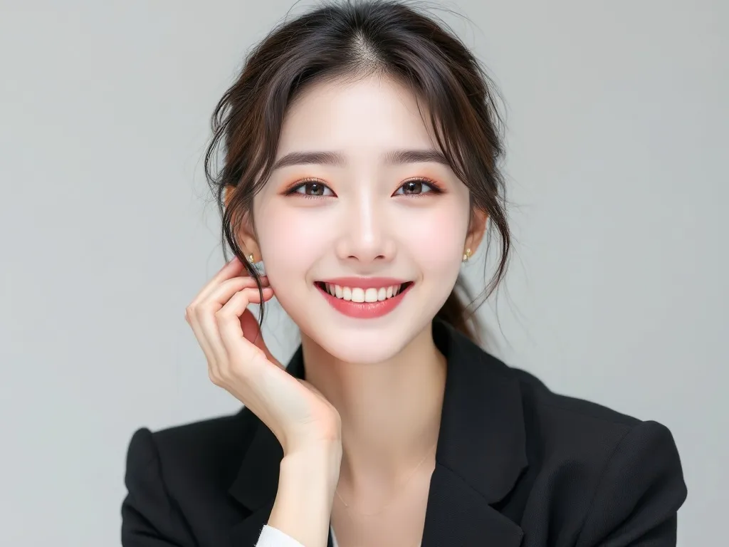 HiDream AI professional young East Asian woman in black blazer smiling confidently, studio portrait