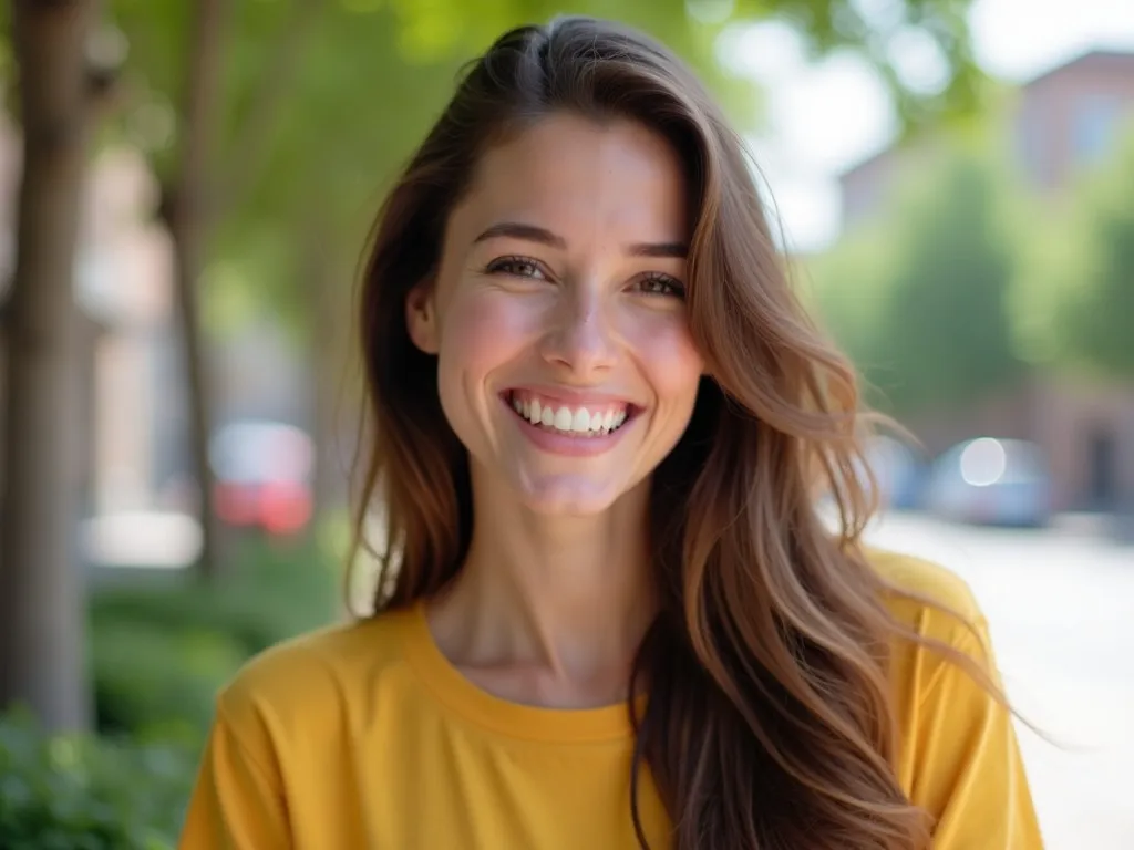 HiDream AI happy young woman with long brown hair in yellow t-shirt, smiling warmly outdoors with natural sunlight