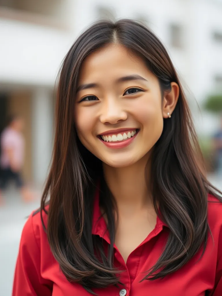 HiDream AI beautiful East Asian woman with long dark hair in red shirt, radiant smile and natural outdoor portrait