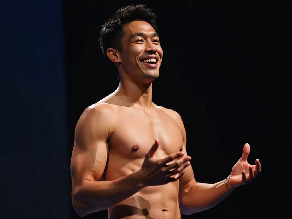 HiDream AI handsome muscular Asian man shirtless, smiling and gesturing on stage with dramatic lighting