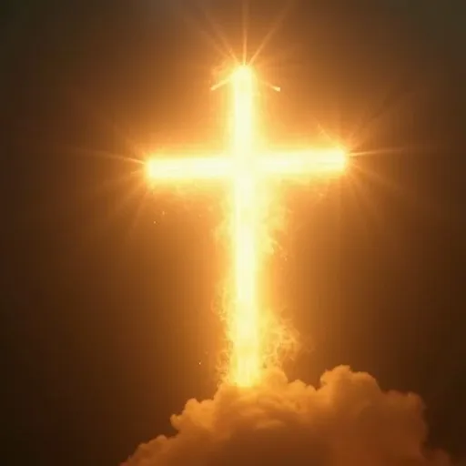 HiDream AI radiant glowing golden cross floating in sky with dramatic light rays and clouds