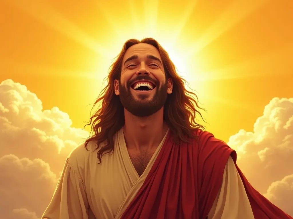 HiDream AI joyful Jesus with long hair and beard laughing happily against bright golden sky with sun rays and clouds